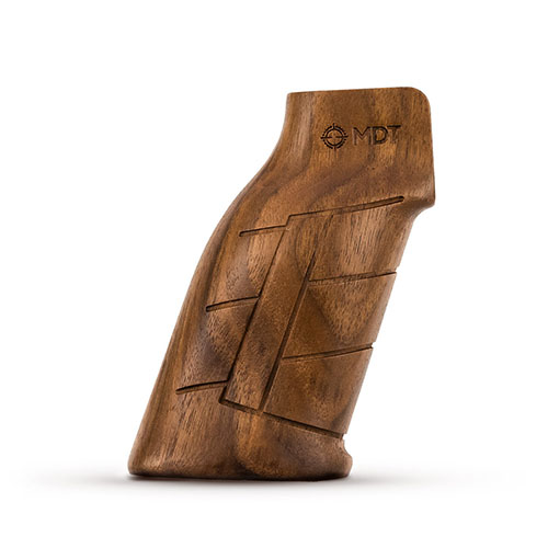 Experience superior ergonomics with the MDT Wood AR Grip, crafted from black walnut for a perfect fit, ideal for both right and left-handed shooters.